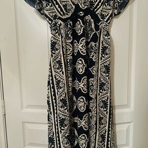 Elegant Dark Navy Blue  and Cream Patterned Dress